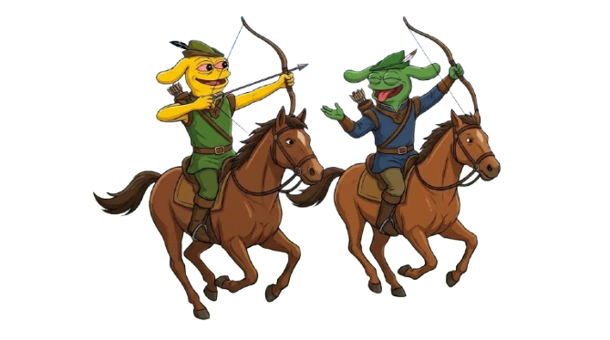 Randy the frog and Andy the hound charging on horseback as medieval archers