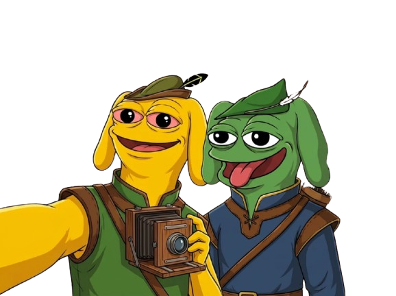 Randy's two heroes dressed as medieval outlaws taking a selfie with a vintage camera